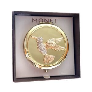 MONET Hummingbird Compact Mirror Gold Tone Rhinestone Figural New in Box Garden